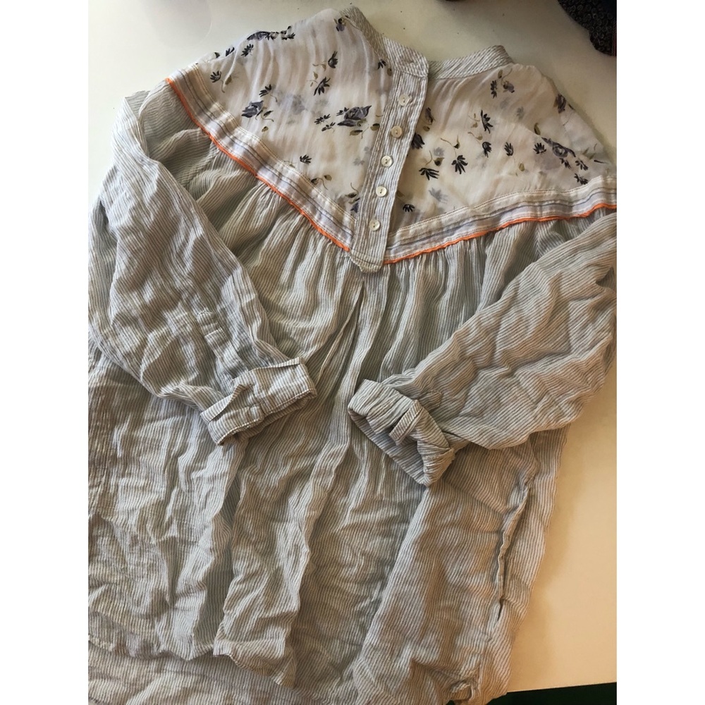 Free People Striped Blouse with Floral Embroidery